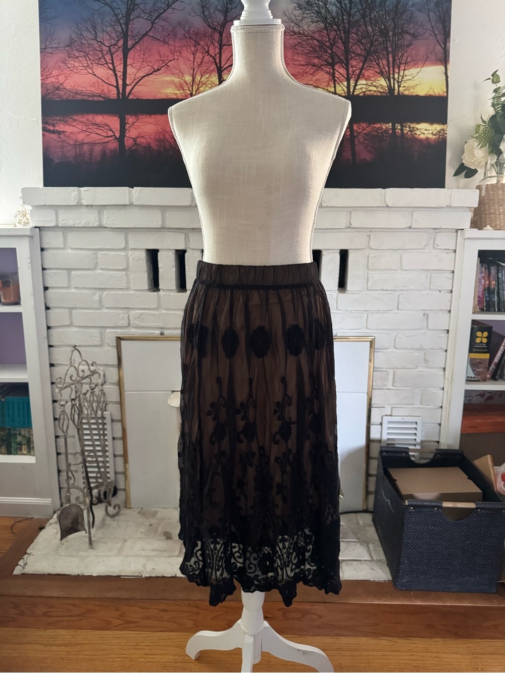LAPIS Medium Women's Black Sheer Lace Skirt with tan lining